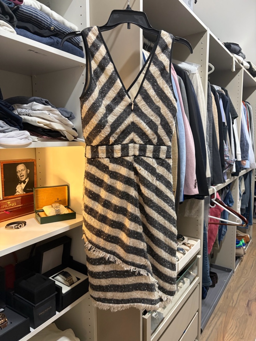 Gianni Bini Black and Cream Striped V-Neck Mini Dress - Picture 2 of 3